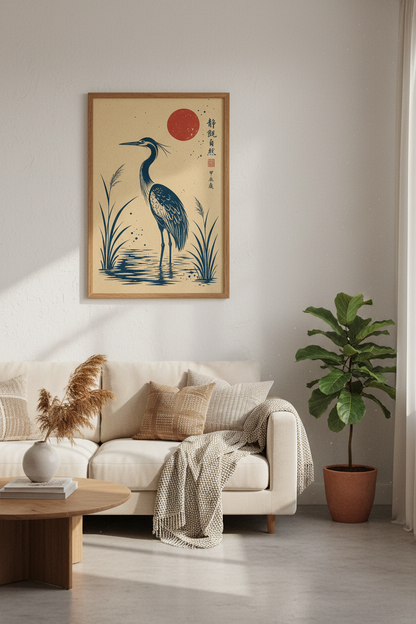 Japanese Blue Heron Wall Art Print | Zen Nature Decor | Ukiyo-e Aesthetic Poster