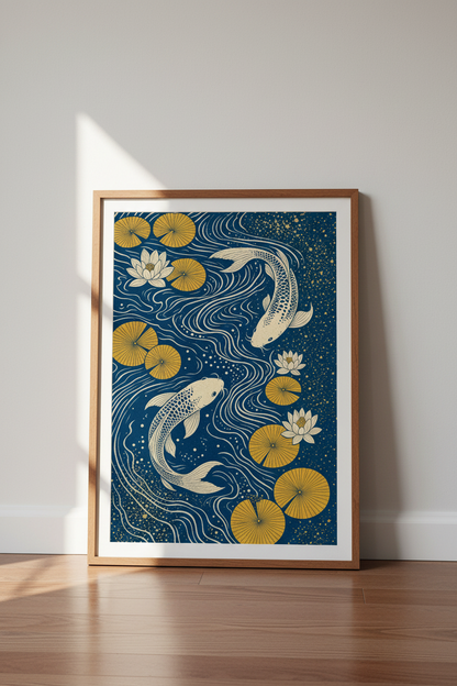 Japanese Koi Fish Pond Wall Art | Navy &amp; Gold Zen Decor | Japandi Poster