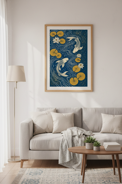 Japanese Koi Fish Pond Wall Art | Navy &amp; Gold Zen Decor | Japandi Poster