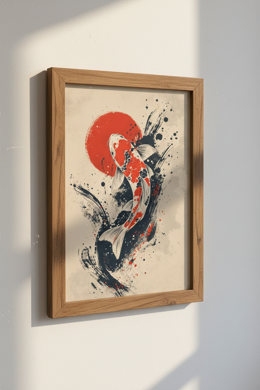 Japanese Koi Fish Wall Art Print | Zen Home Office Decor | Sumi-e Style Poster