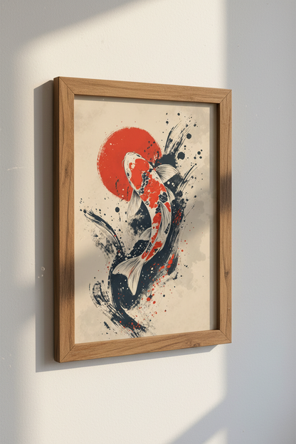 Japanese Koi Fish Wall Art Print | Zen Home Office Decor | Sumi-e Style Poster