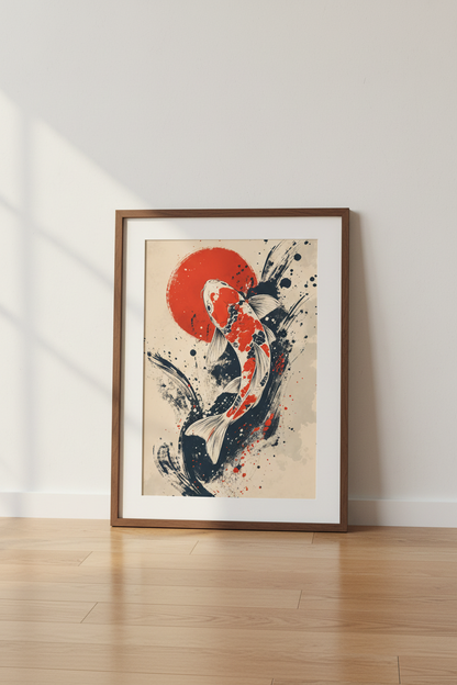 Japanese Koi Fish Wall Art Print | Zen Home Office Decor | Sumi-e Style Poster