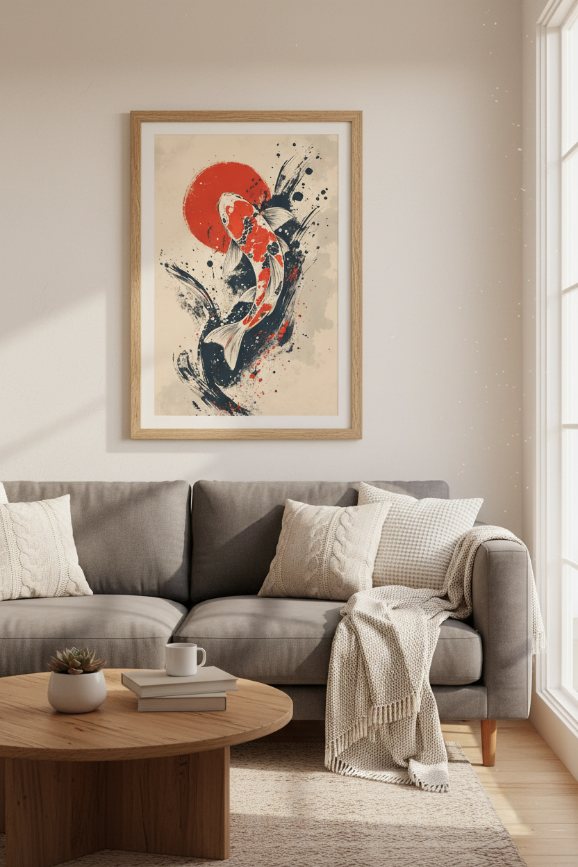 Japanese Koi Fish Wall Art Print | Zen Home Office Decor | Sumi-e Style Poster
