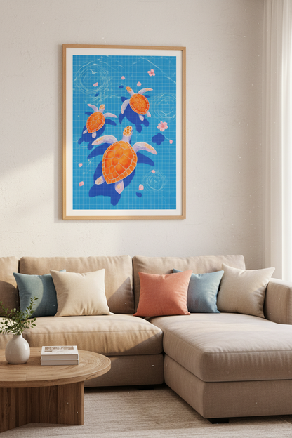 Sea Turtle Pool Wall Art Print | Coastal Bathroom Decor | Modern Summer Poster