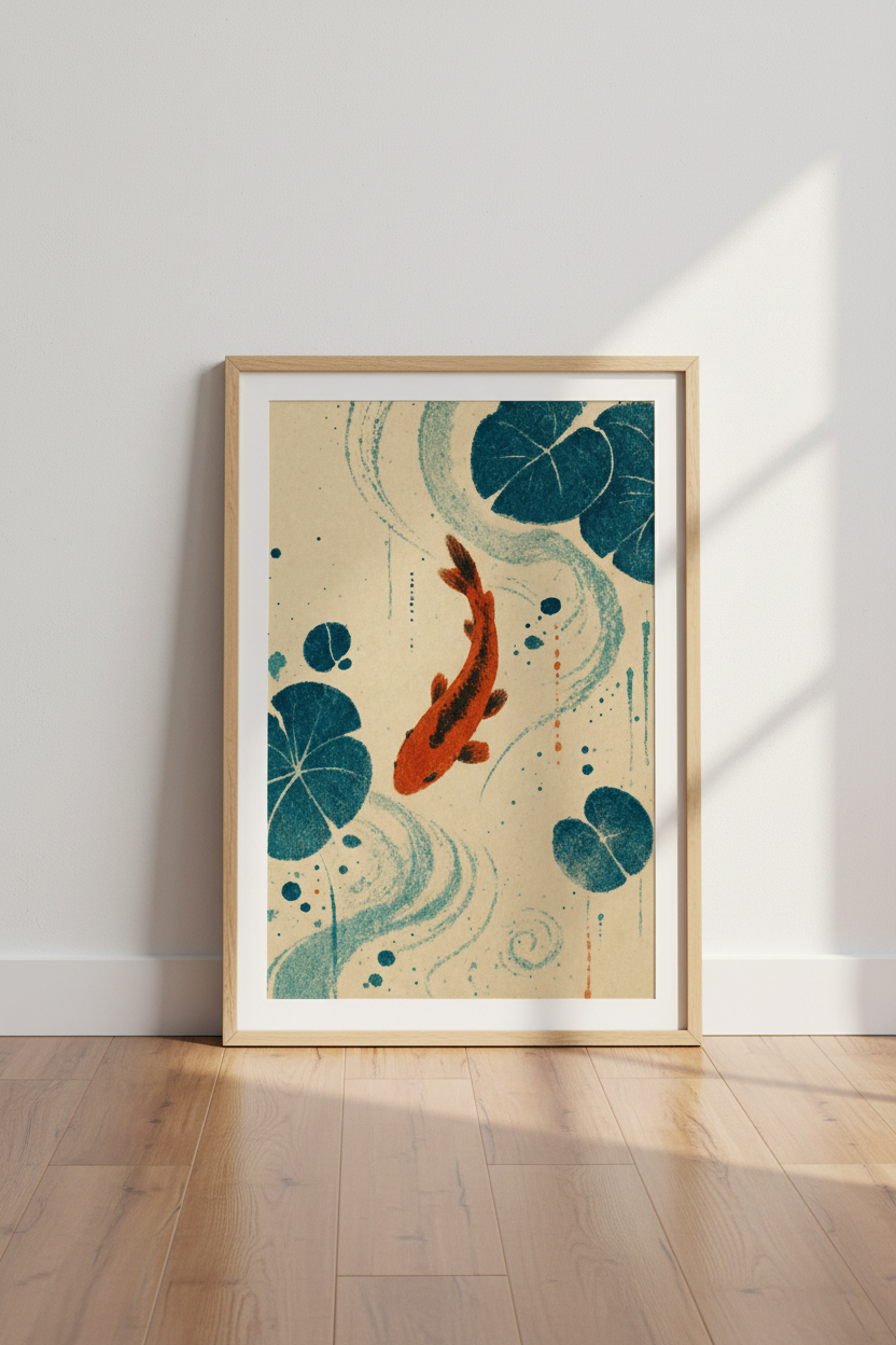 Koi Fish Japanese Woodblock Art | Zen Blue &amp; Orange Poster, Living Room Decor