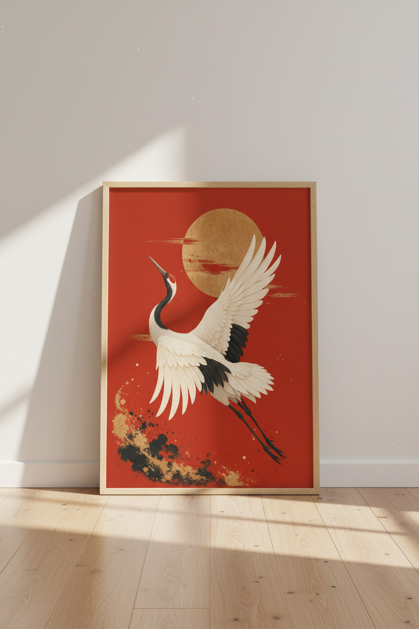 Japanese Crane Wall Art | Red &amp; Gold Bird Poster, Zen Living Room Decor