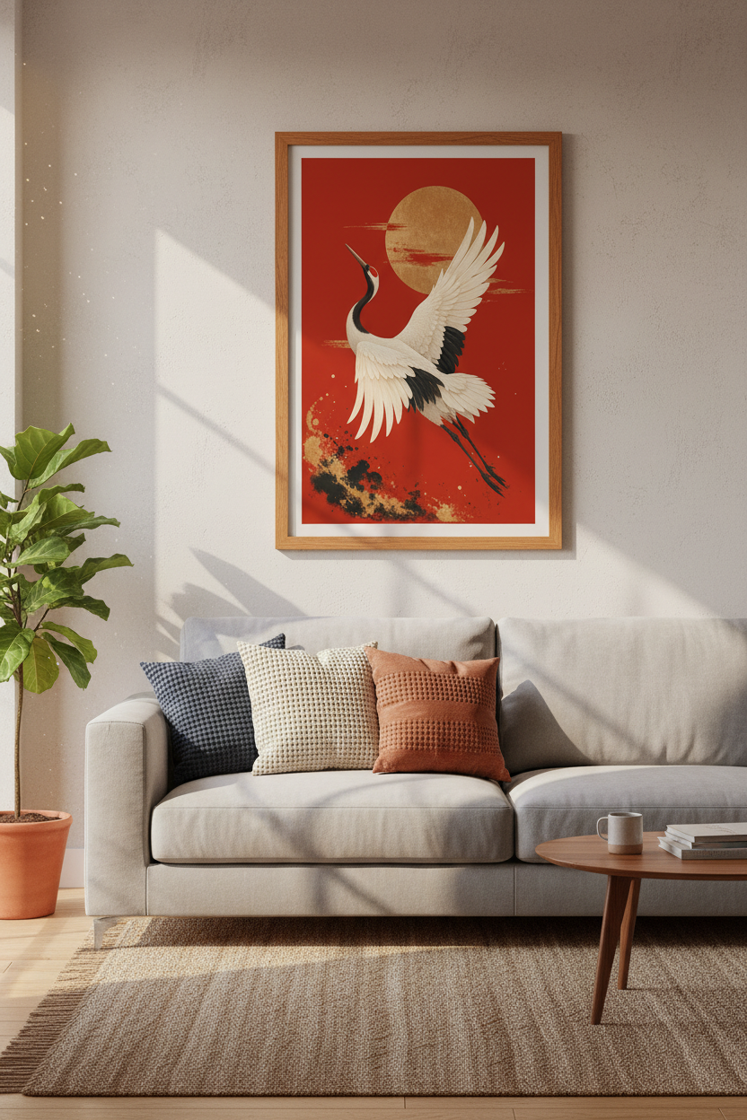 Japanese Crane Wall Art | Red &amp; Gold Bird Poster, Zen Living Room Decor