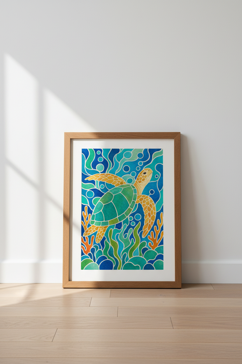 Sea Turtle Stained Glass Wall Art | Coastal Blue Ocean Print | Modern Beach House Decor