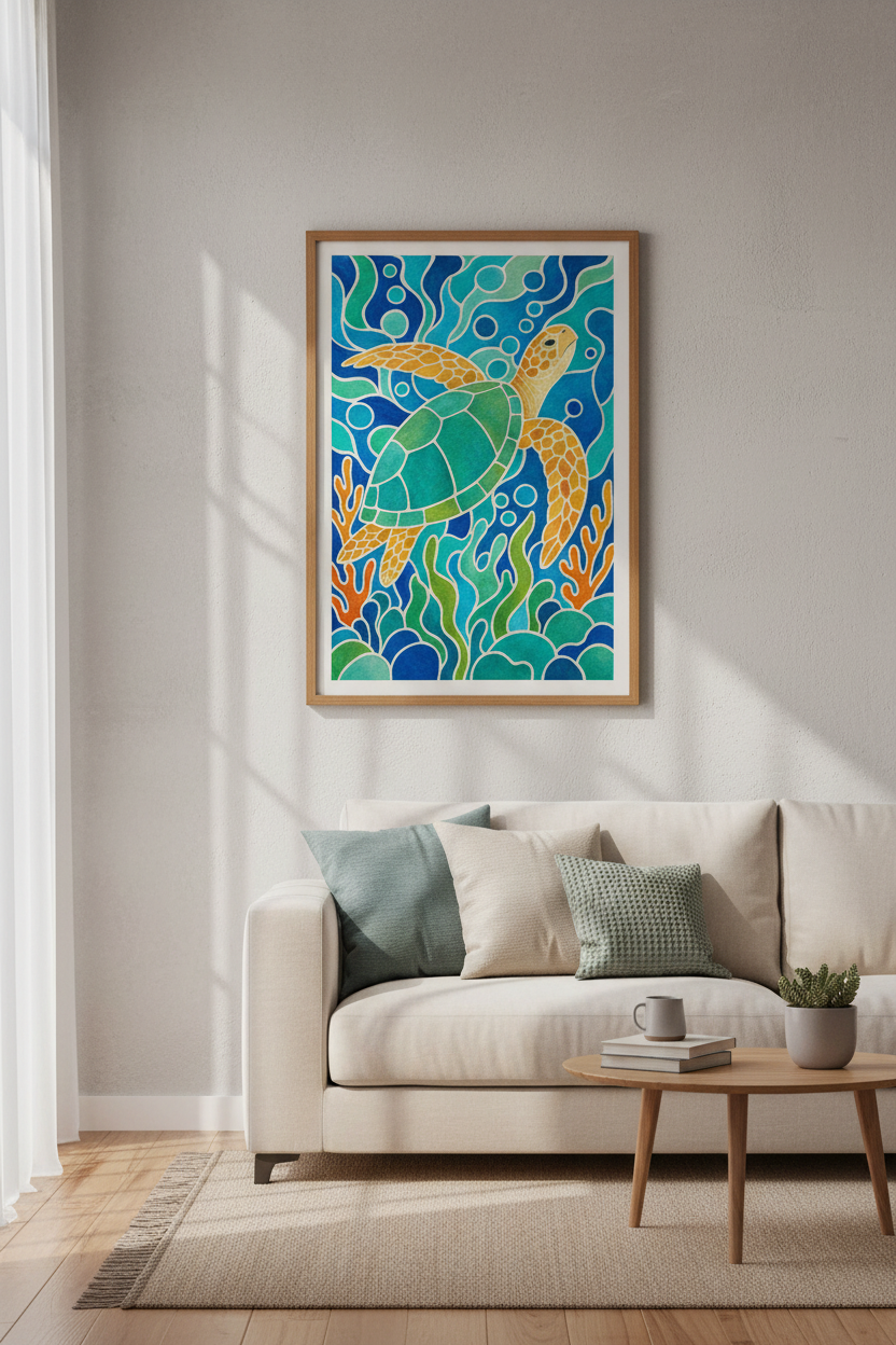 Sea Turtle Stained Glass Wall Art | Coastal Blue Ocean Print | Modern Beach House Decor