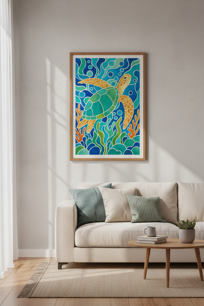 Sea Turtle Stained Glass Wall Art | Coastal Blue Ocean Print | Modern Beach House Decor