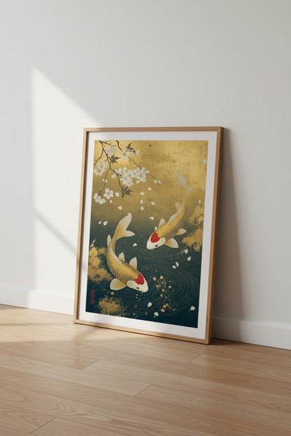 Japanese Koi Fish Wall Art | Gold Leaf Cherry Blossom Poster | Zen Living Room Decor