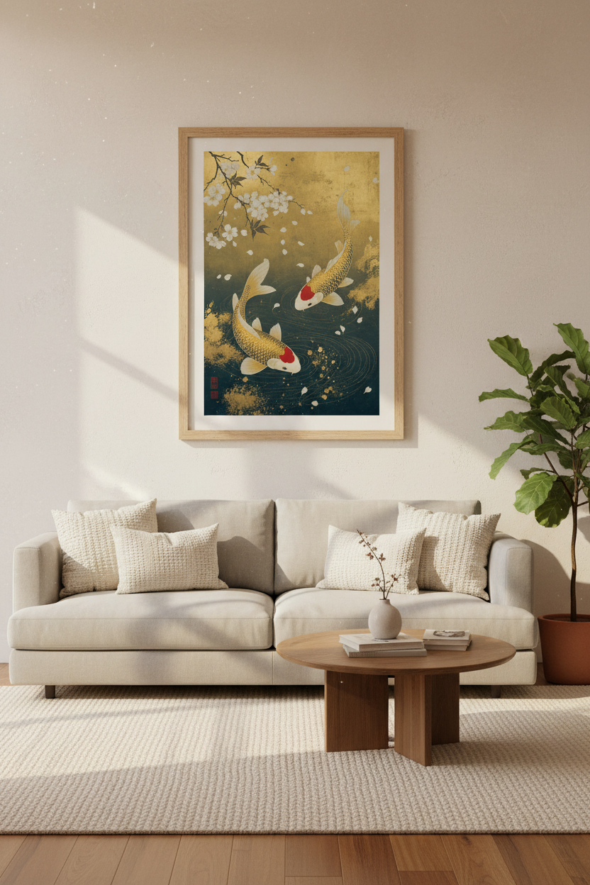 Japanese Koi Fish Wall Art | Gold Leaf Cherry Blossom Poster | Zen Living Room Decor
