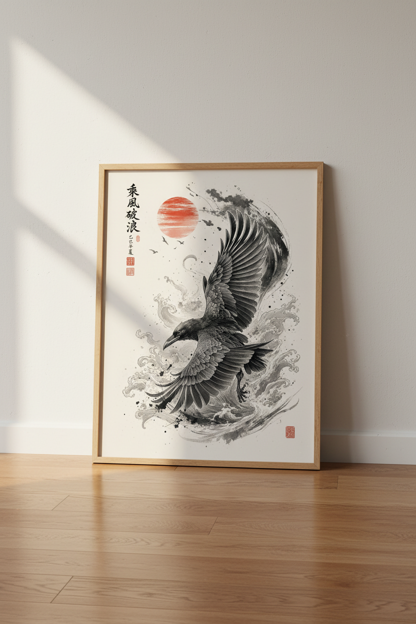 Japanese Raven Sun Wall Art | Ink Wash Wave Poster, Zen Home Decor
