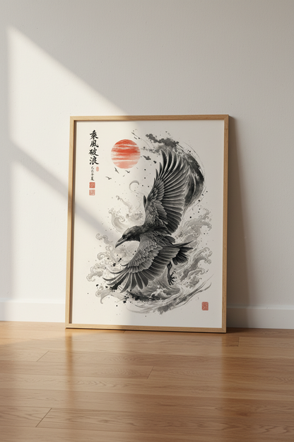 Japanese Raven Sun Wall Art | Ink Wash Wave Poster, Zen Home Decor