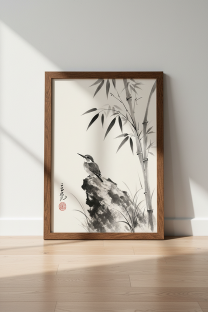 Kingfisher Bamboo Ink Wash Art | Black &amp; White Zen Poster, Minimalist Wall Decor