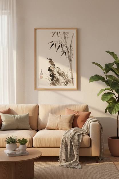 Kingfisher Bamboo Ink Wash Art | Black &amp; White Zen Poster, Minimalist Wall Decor