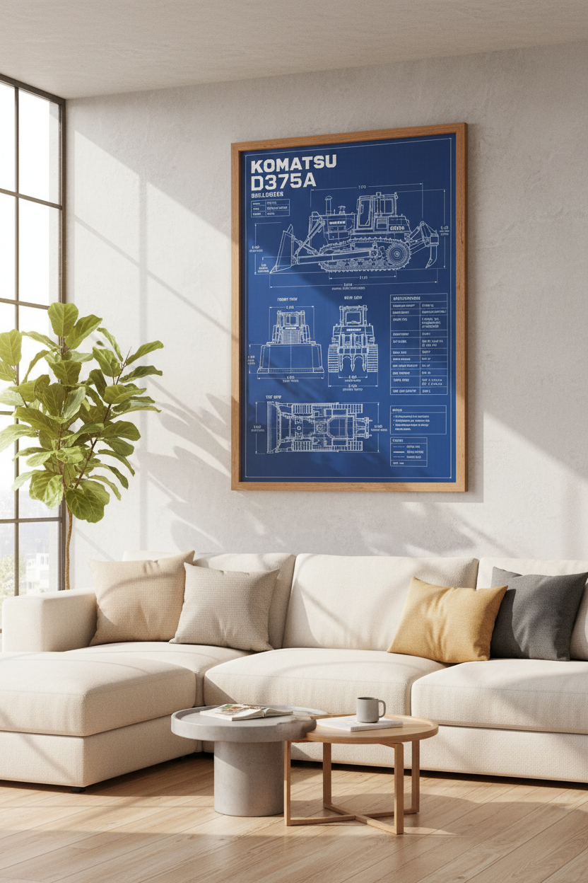 Bulldozer Blueprint Wall Art Print | Office &amp; Nursery Decor | Industrial Poster