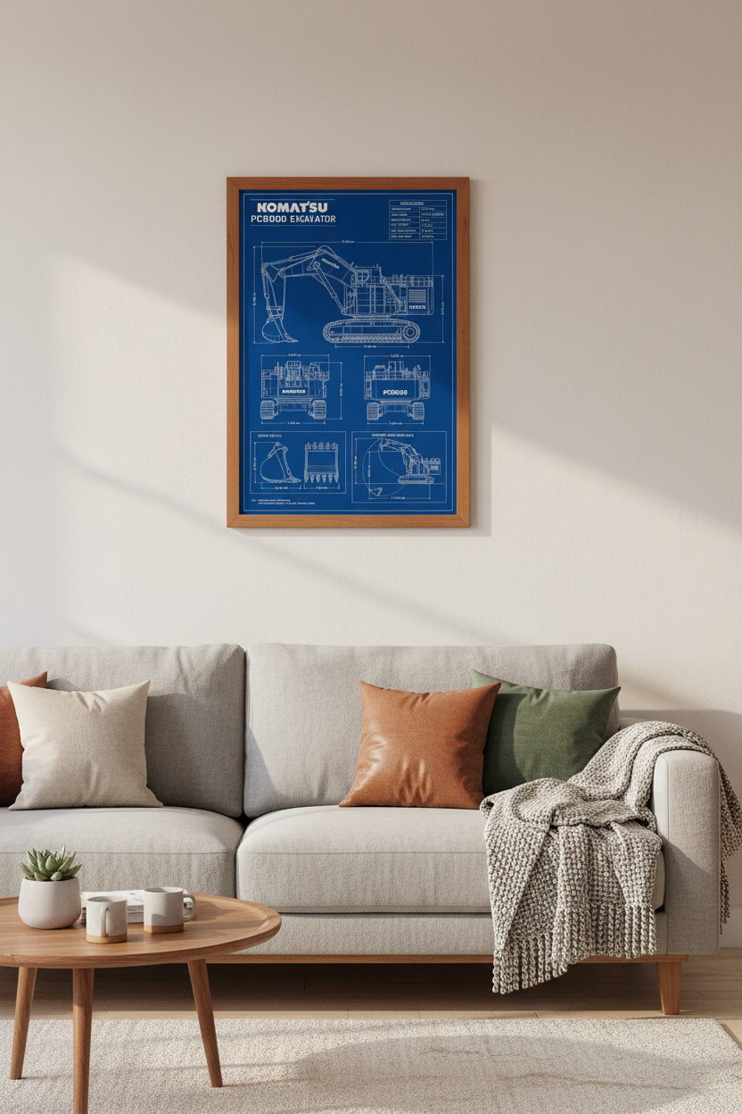 Komatsu Excavator Blueprint Wall Art | Office Decor | Industrial Mechanical Poster