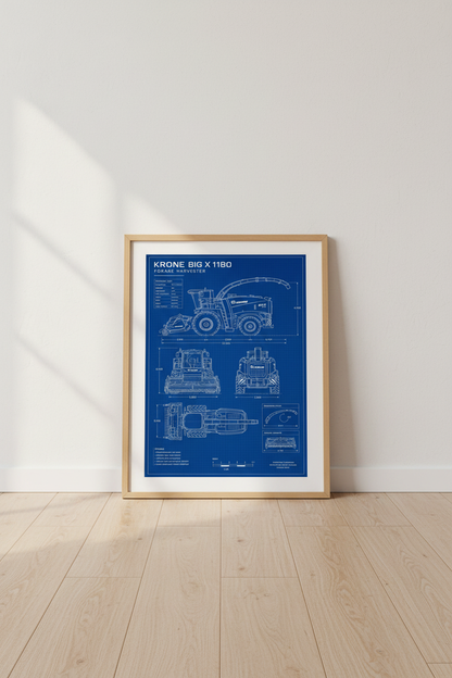 Krone Forage Harvester Blueprint | Blue Industrial Farm Decor, Man Cave Poster