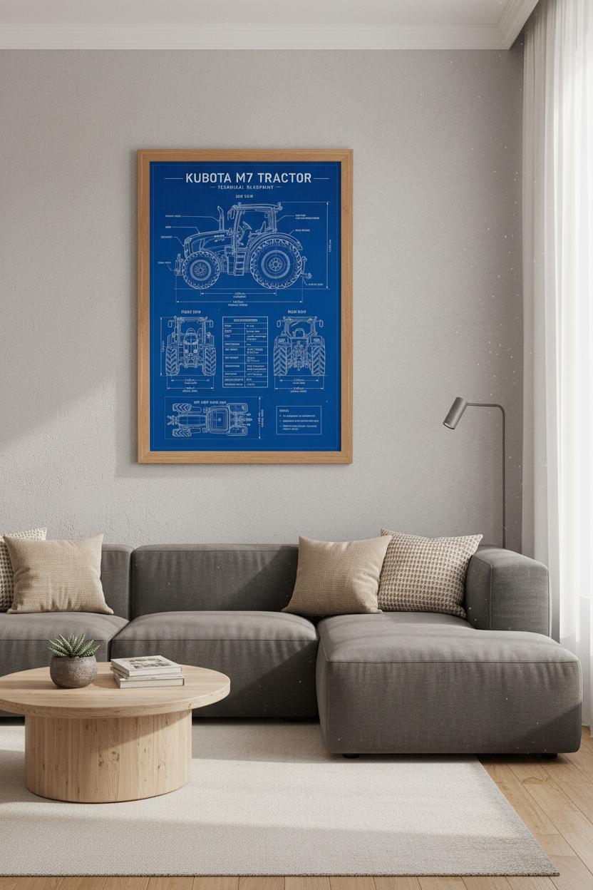 Kubota M7 Tractor Blueprint Wall Art | Farm Office Decor | Industrial Technical Poster