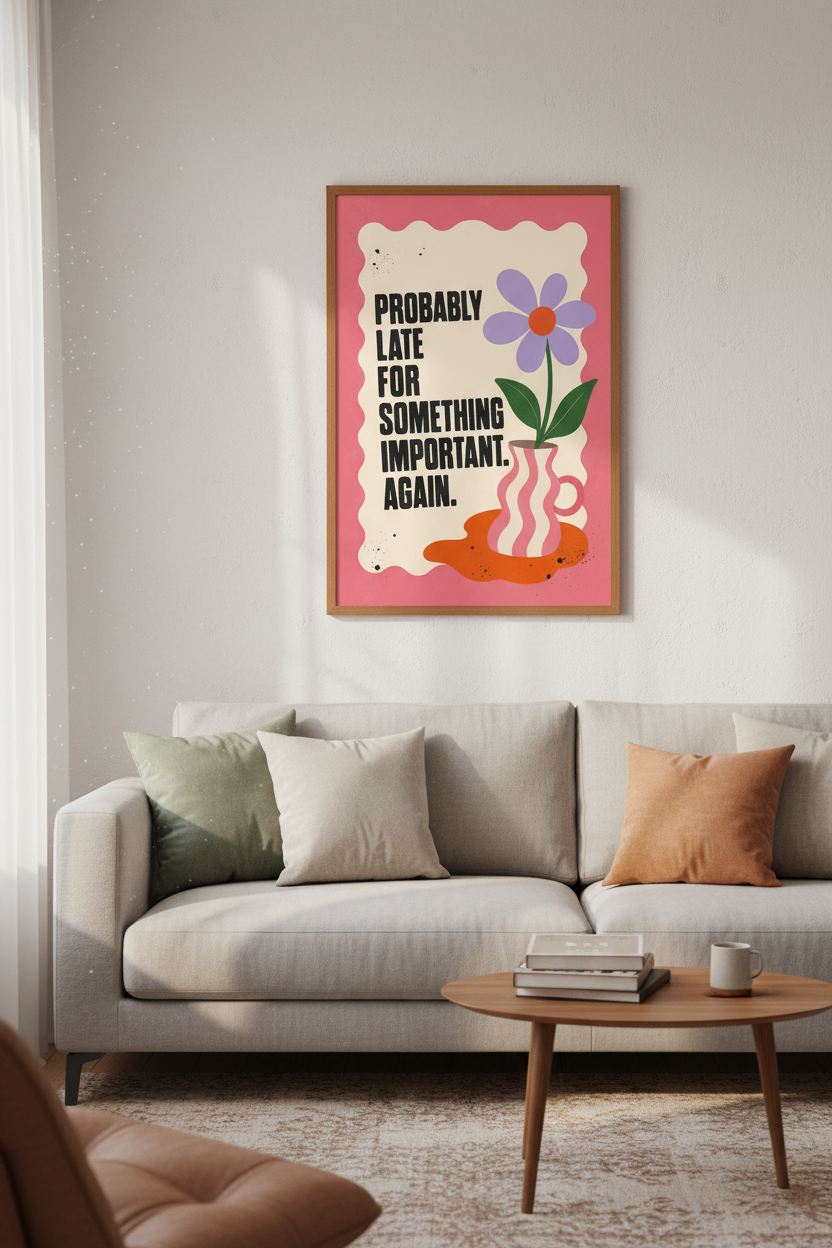 Funny Relatable Quote Art | Retro Pink Flower Poster, Office &amp; Bedroom Decor