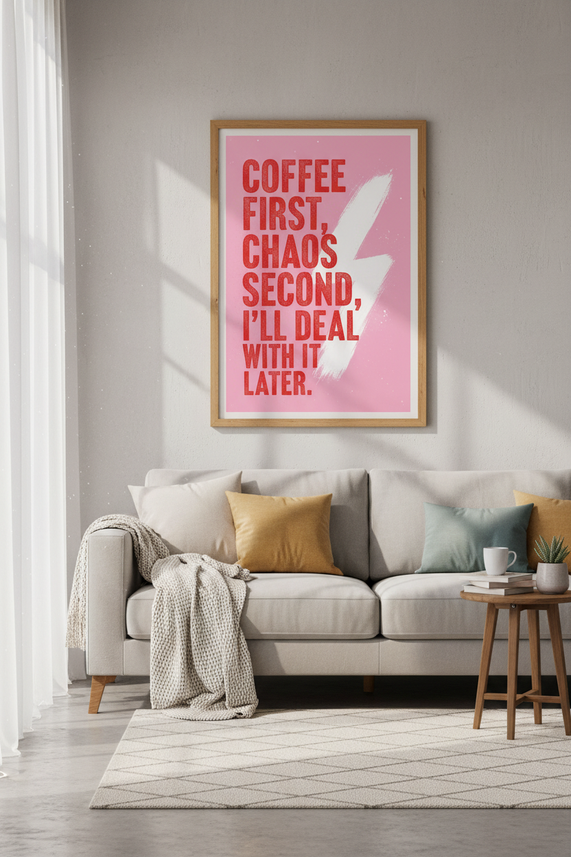 Coffee First Chaos Second Wall Art | Red and Pink Kitchen Decor | Funny Preppy Poster