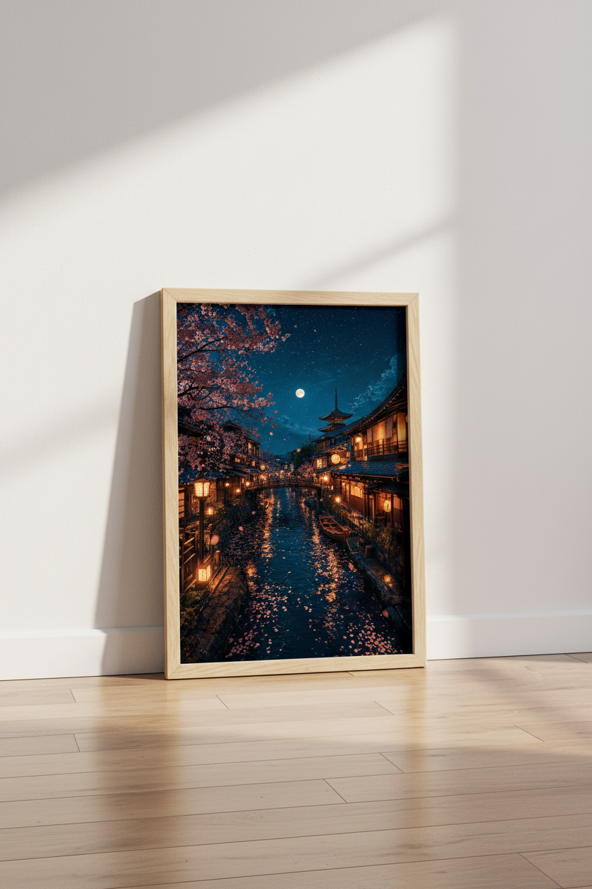 Japanese Night Canal Wall Art | Cherry Blossom Moon Poster, Zen Bedroom Decor