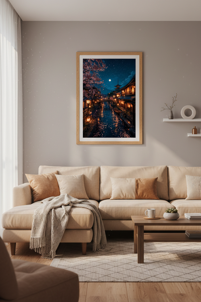 Japanese Night Canal Wall Art | Cherry Blossom Moon Poster, Zen Bedroom Decor