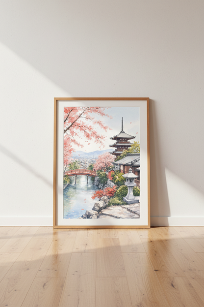 Japanese Cherry Blossom Pagoda Wall Art | Pink Watercolor Zen Decor | Kyoto Landscape