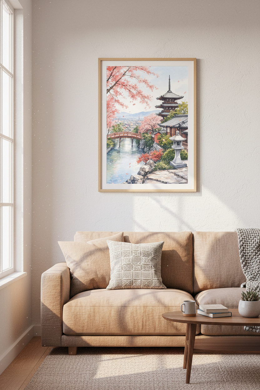 Japanese Cherry Blossom Pagoda Wall Art | Pink Watercolor Zen Decor | Kyoto Landscape