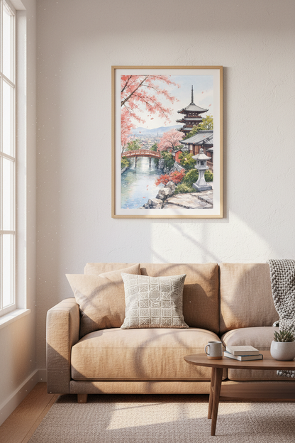 Japanese Cherry Blossom Pagoda Wall Art | Pink Watercolor Zen Decor | Kyoto Landscape