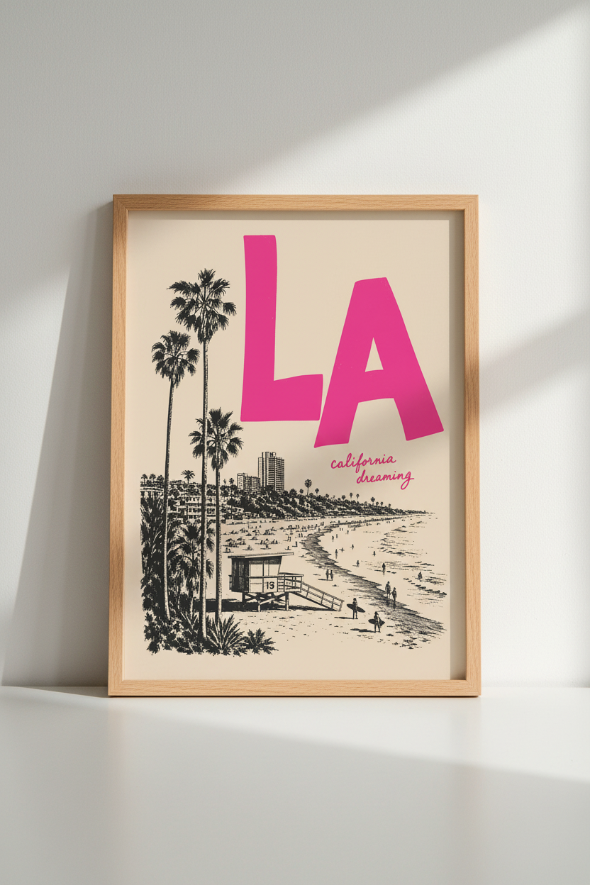 Retro California Poster | Pink LA Beach Wall Art Print | California Dreaming Decor