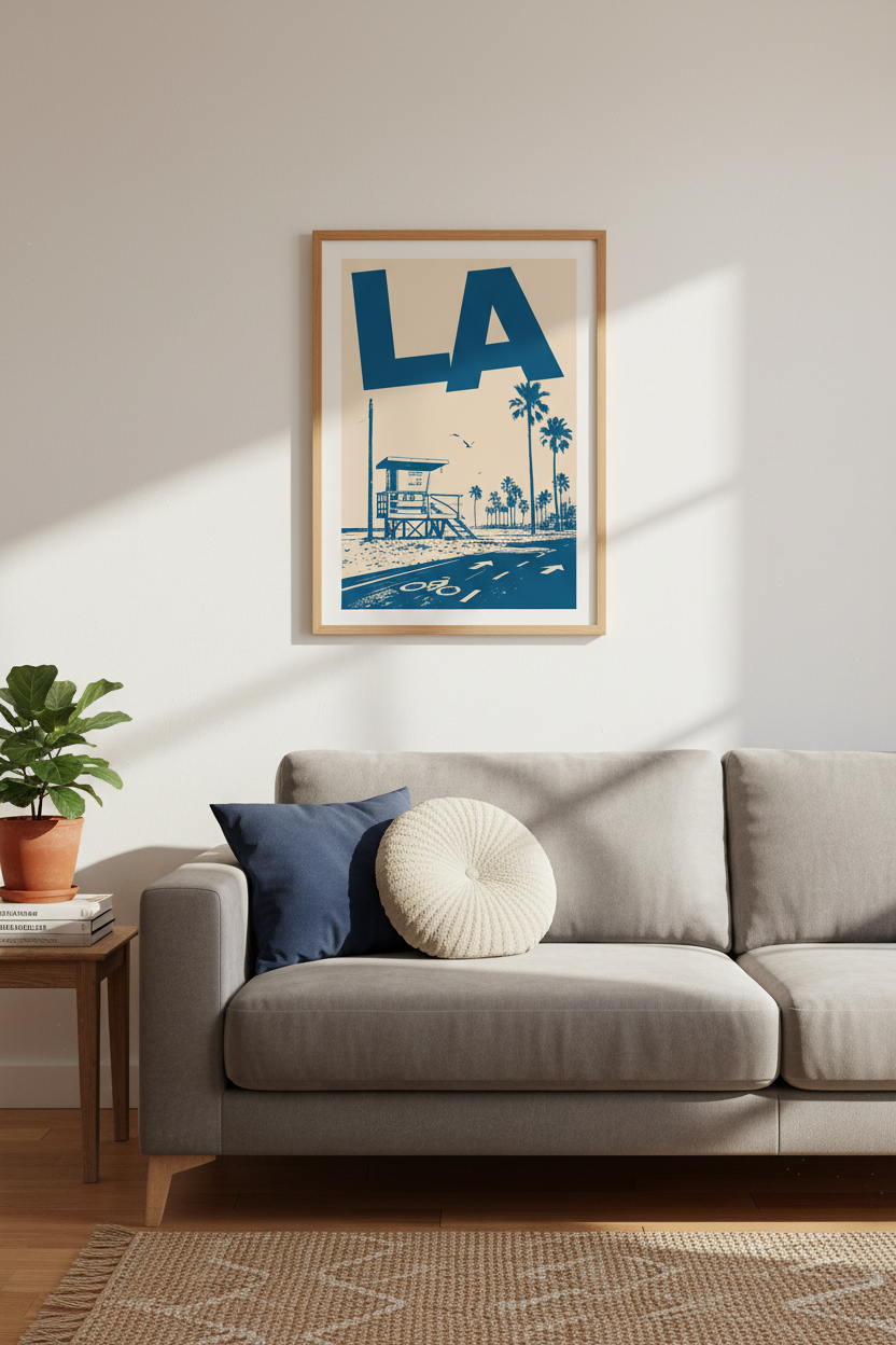 Retro LA Beach Poster | California Coastal Wall Art, Blue Modern Travel Print