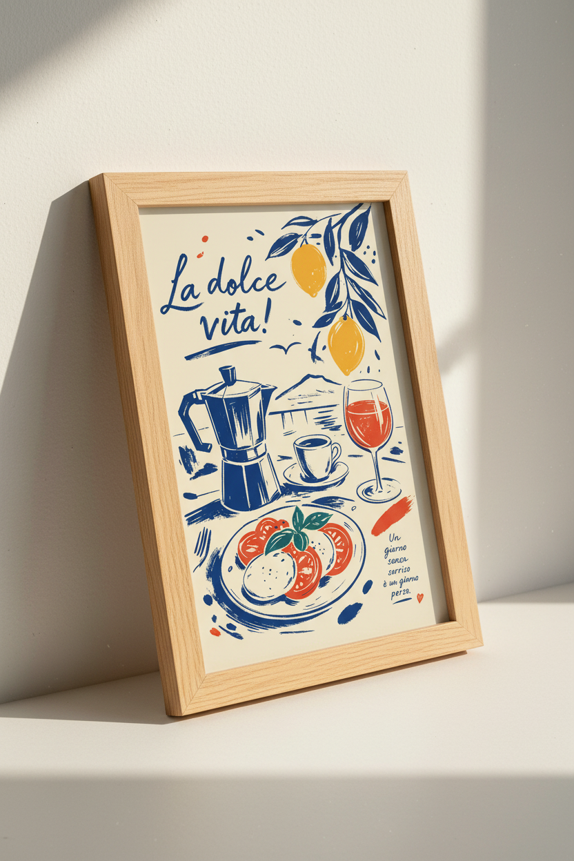 La Dolce Vita Italian Wall Art | Moka Pot &amp; Lemon Decor, Kitchen Poster