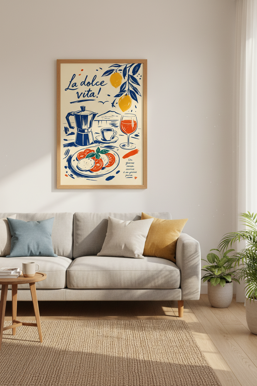 La Dolce Vita Italian Wall Art | Moka Pot &amp; Lemon Decor, Kitchen Poster