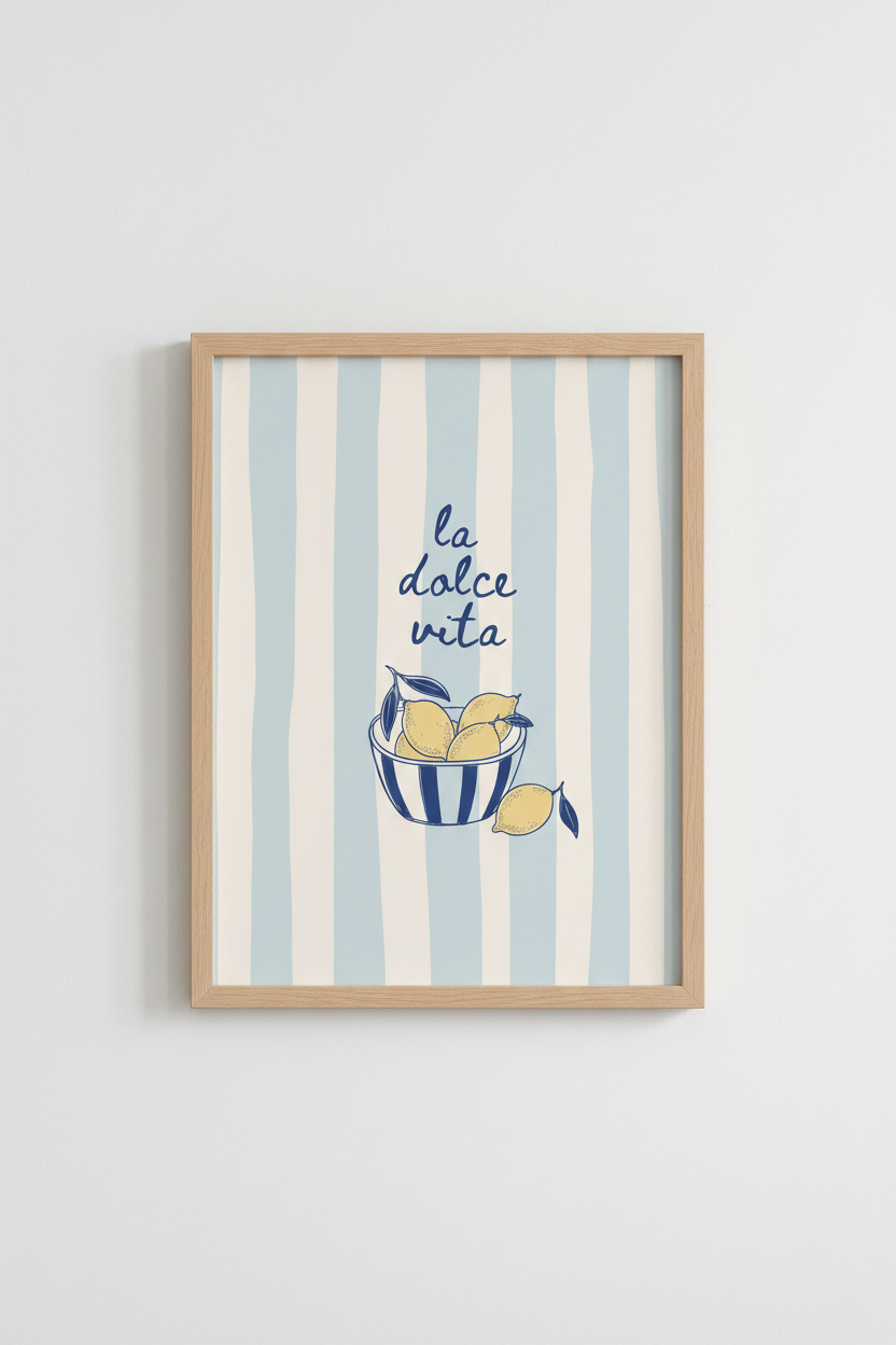 Amalfi Coast Wall Art Print | Italian Lemon Kitchen Decor | Blue Striped Aesthetic Poster