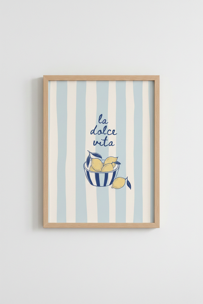 Amalfi Coast Wall Art Print | Italian Lemon Kitchen Decor | Blue Striped Aesthetic Poster