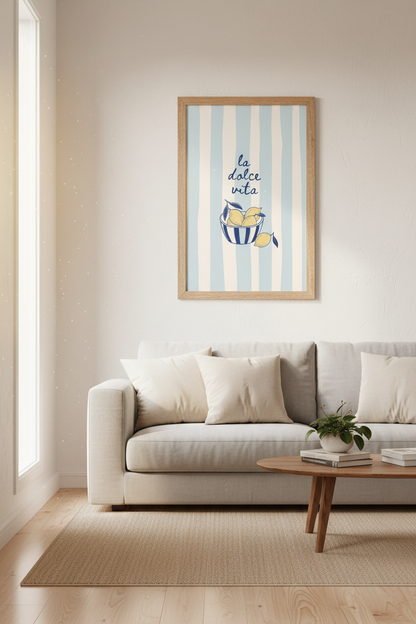 Amalfi Coast Wall Art Print | Italian Lemon Kitchen Decor | Blue Striped Aesthetic Poster
