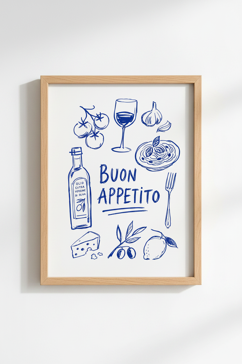 Italian Kitchen Art Print | Blue Line Drawing, Buon Appetito Dining Decor