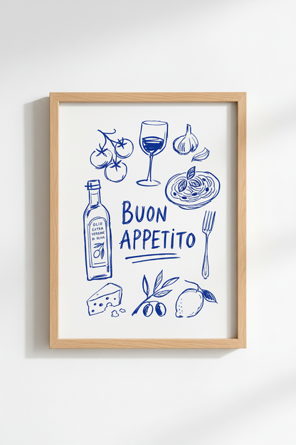 Italian Kitchen Art Print | Blue Line Drawing, Buon Appetito Dining Decor