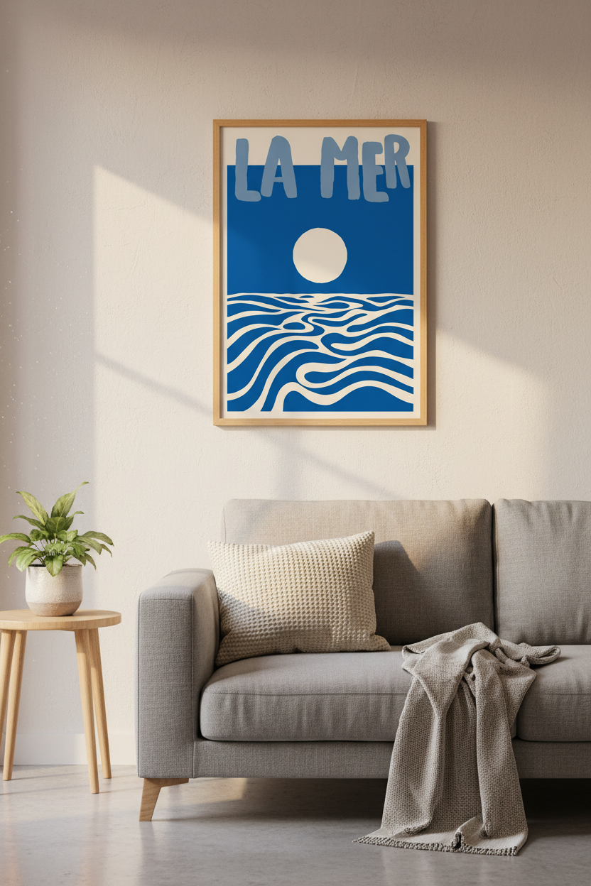 Ocean Wall Art | Abstract Navy, Sea Sunset | Living Room Decor | Coastal Poster