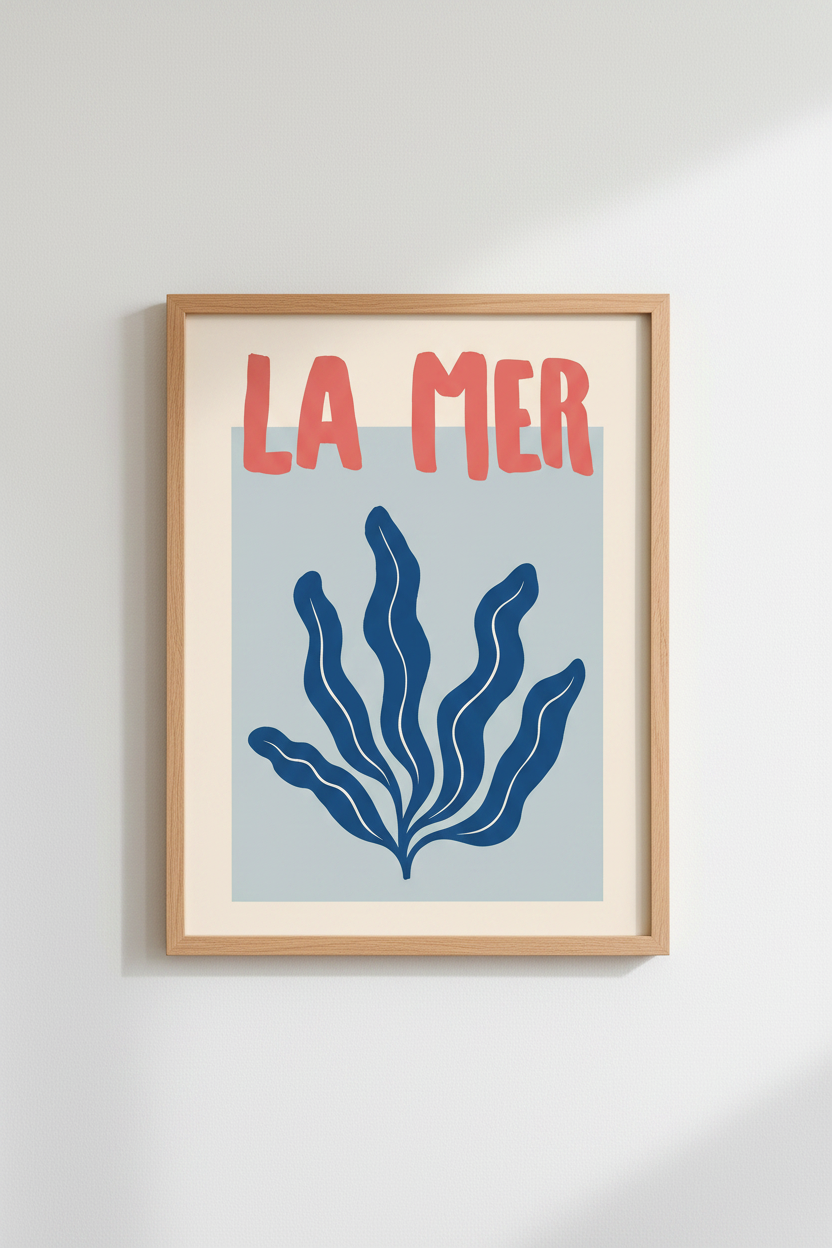 Blue Coral Poster | Modern Coastal Blues, Seaside Accent | Living Room Decor