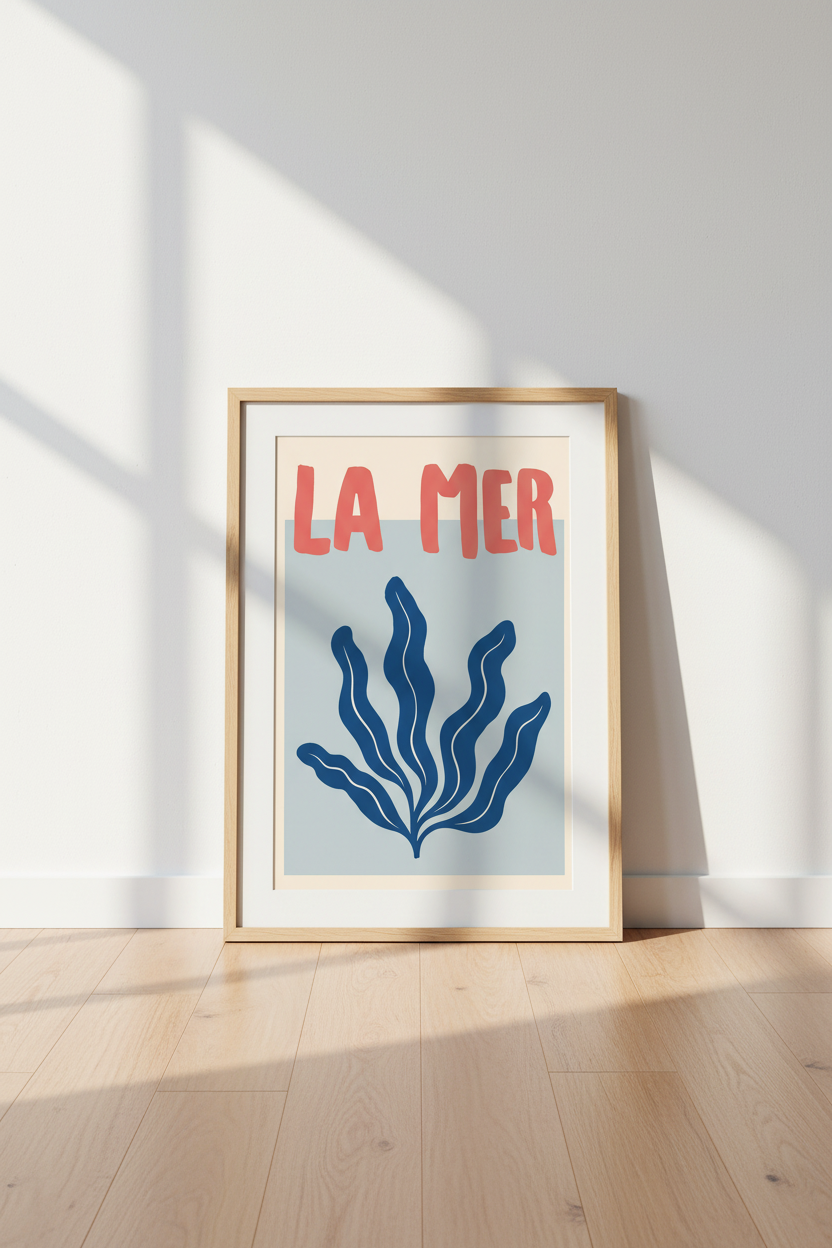 Blue Coral Poster | Modern Coastal Blues, Seaside Accent | Living Room Decor