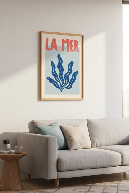 Blue Coral Poster | Modern Coastal Blues, Seaside Accent | Living Room Decor