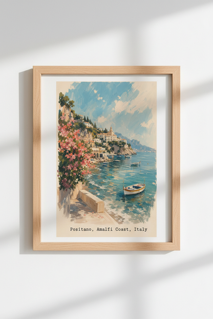 Amalfi Coast Art Print | Positano Italy Travel Poster | Coastal Mediterranean Wall Decor