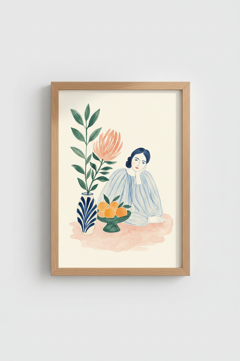 Watercolor portrait | Soft blue tones, living room decor