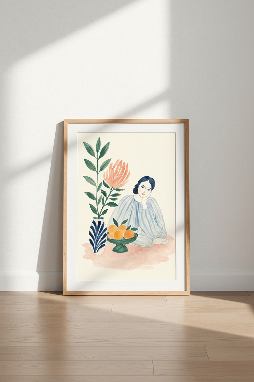 Watercolor portrait | Soft blue tones, living room decor