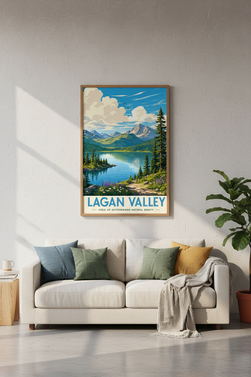 Lagan Valley Mountain Travel Poster | Scenic Landscape Print | Vintage Nature Wall Art