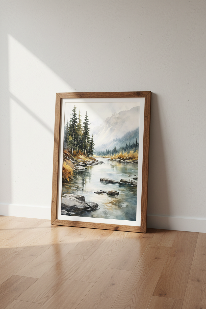 Mountain River Watercolor Landscape | Pine Tree Nature Print, Living Room Decor