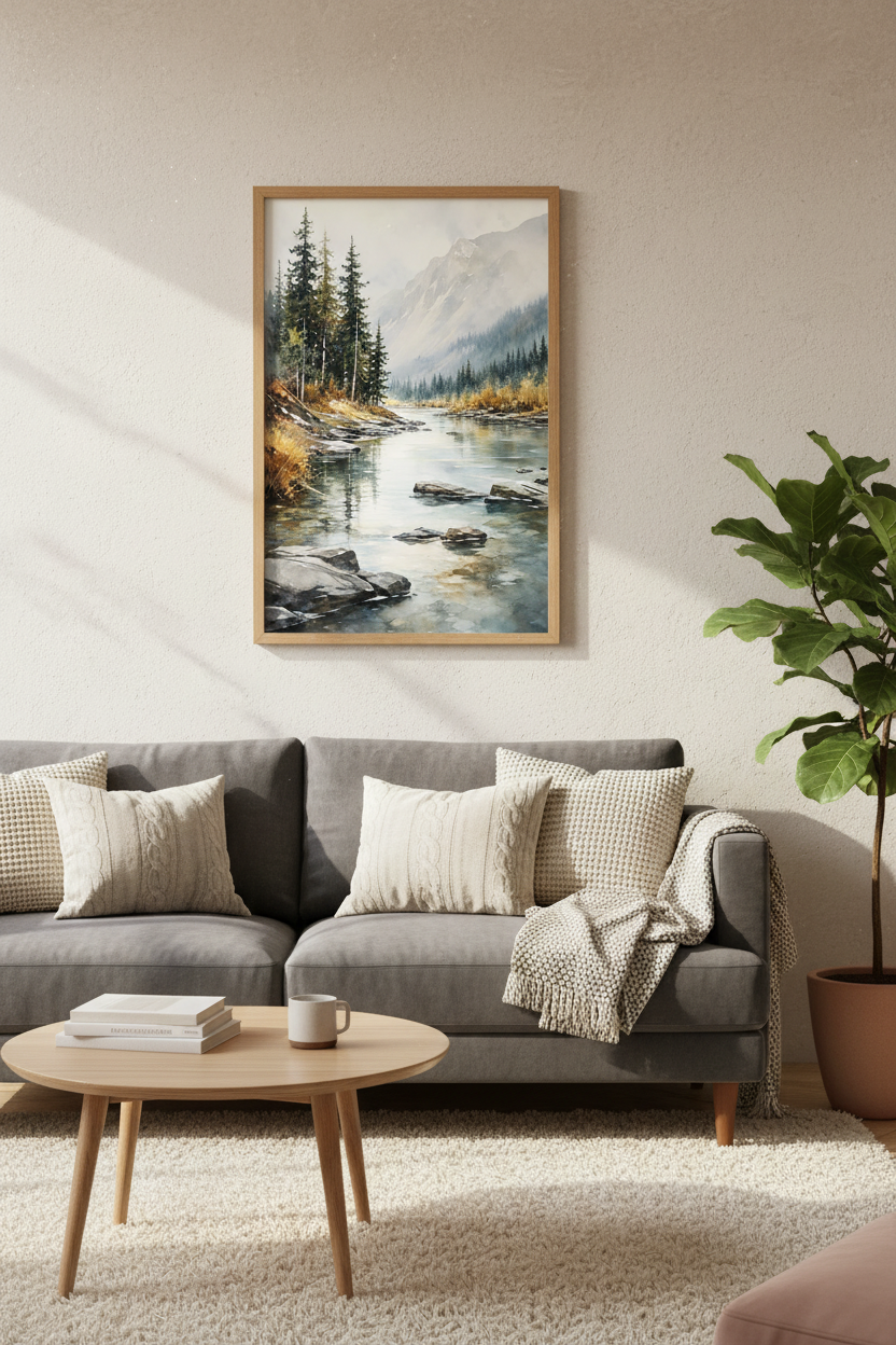 Mountain River Watercolor Landscape | Pine Tree Nature Print, Living Room Decor
